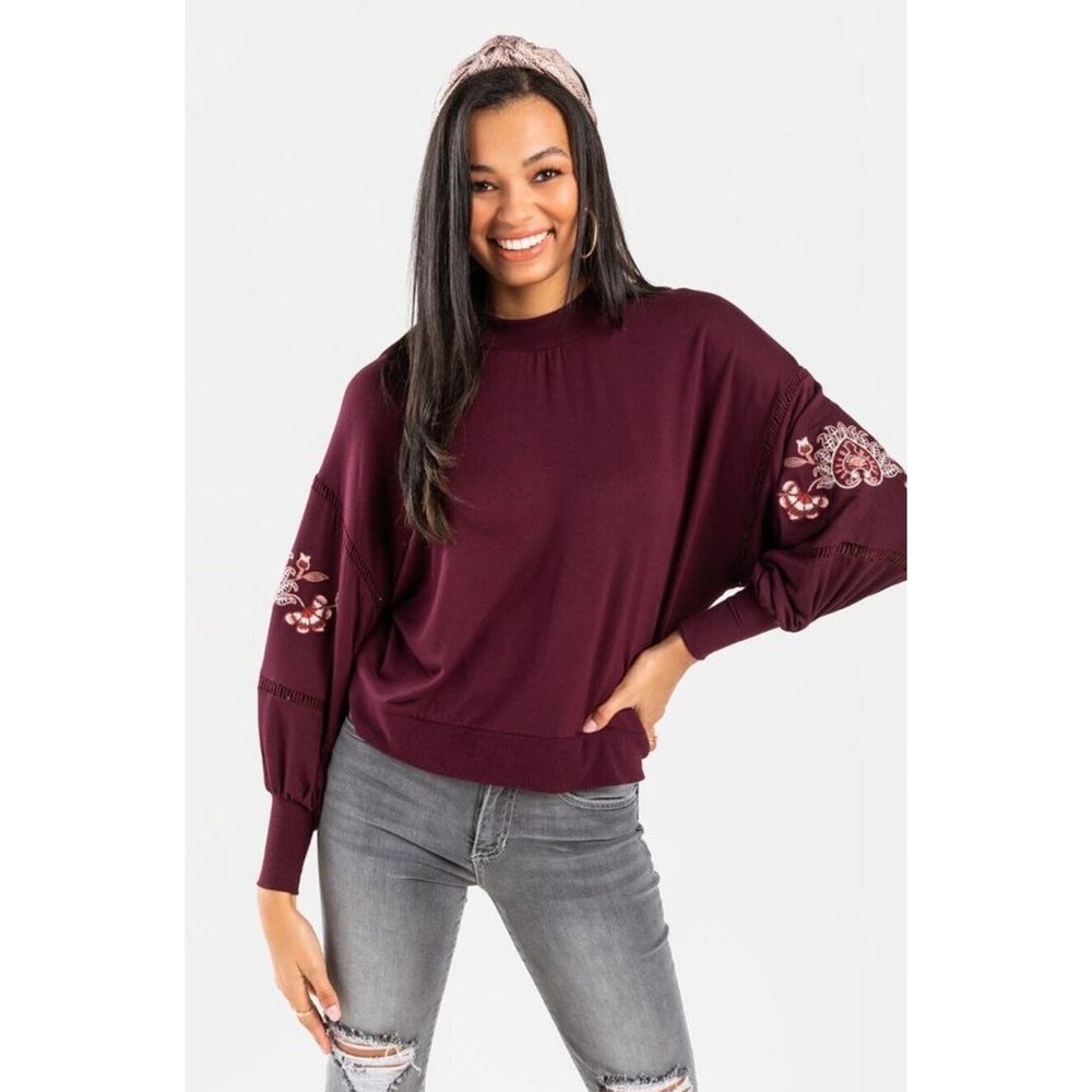 Mi Ami Top Women S Burgundy Embroidered Puff Sleeve Mock Neck Boho Chic Preppy